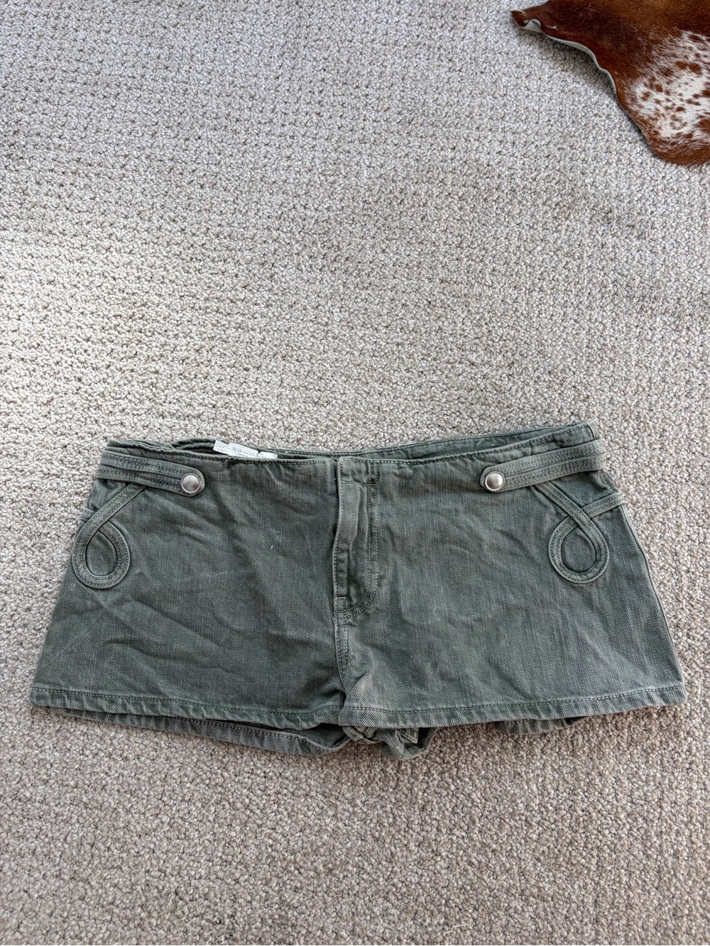 Zara Olive Green Low-Rise Denim Shorts with Button Loop Detail